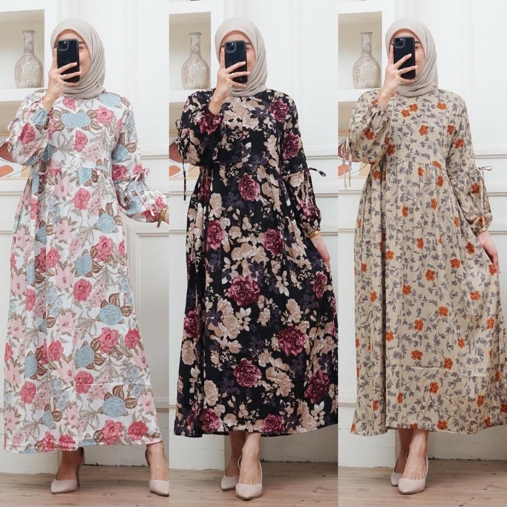 Dress Pita Lengan Balon Bahan Rayon, Gamis Muslim Wanita Panjang 130 Cm Cantik Lembut Nyaman
