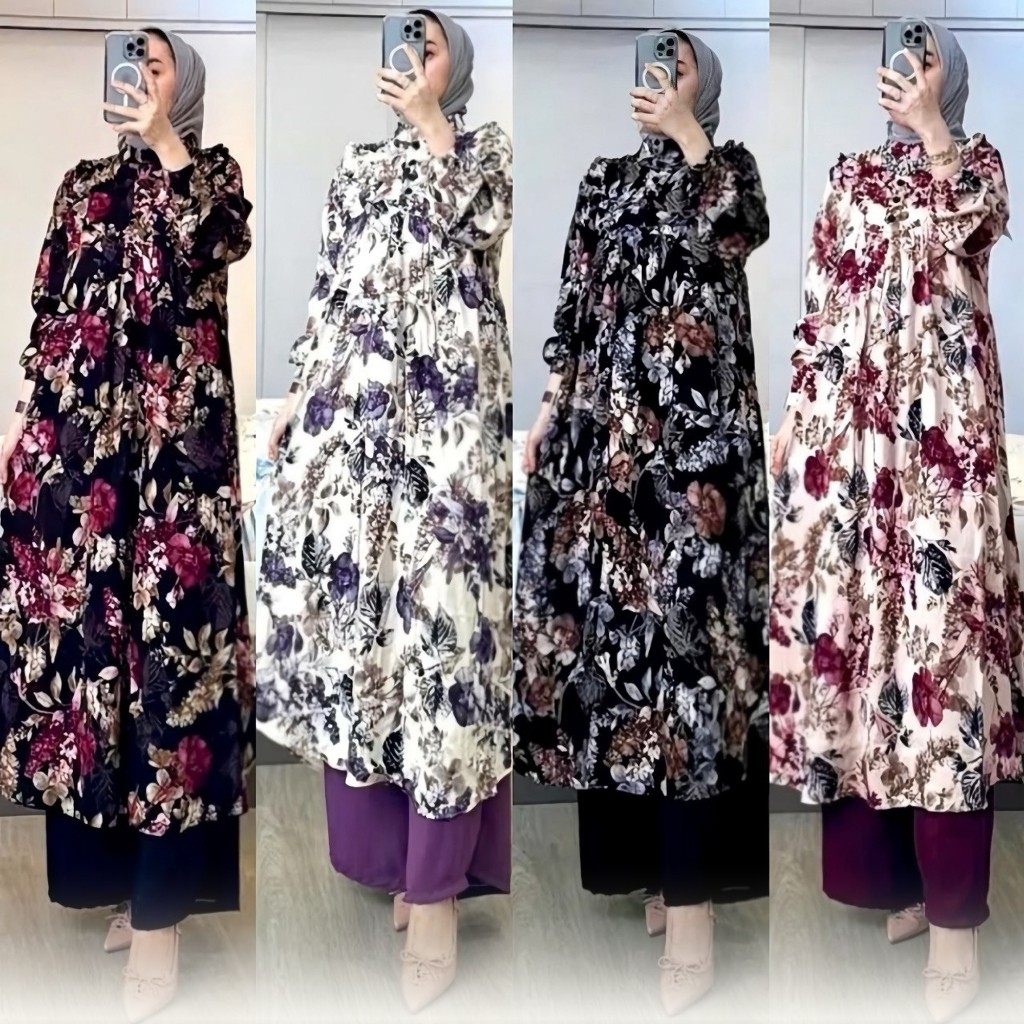 ONE Set Setelan Tunik Celana Setelan Wanita Rose Flower Baju Wanita Atas bawah
