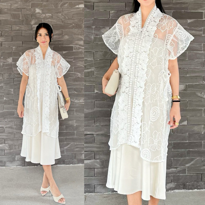 Atasan Tunik Brukat Putih Outer Tunik Brukat Raya Lebaran Kondangan Wanita Mewah Terbaru