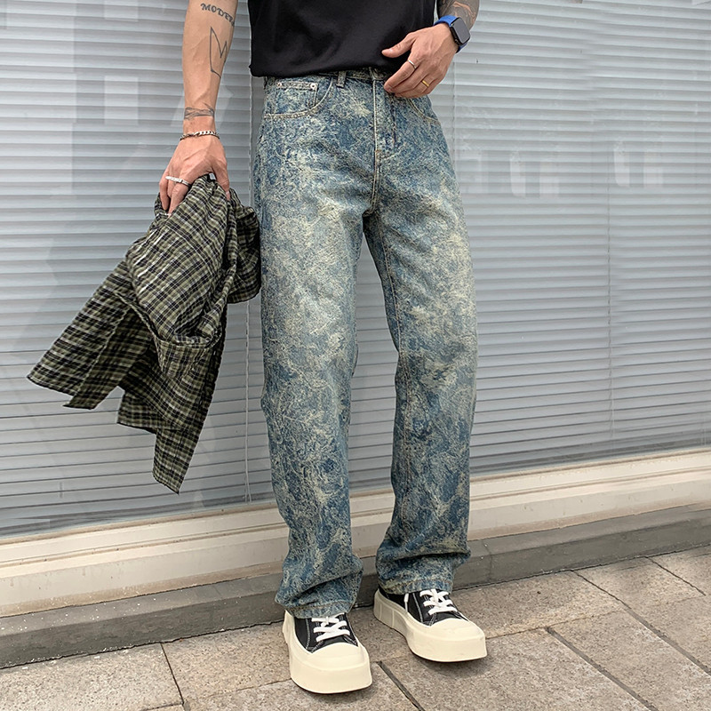 Bgc9357 American Spring And Autumn New Washed Do Old Flowery Street Gangster Handsome Jeans Men