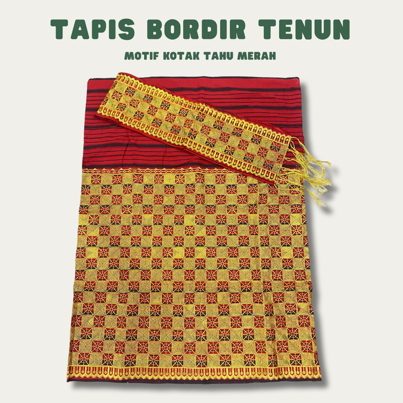 Kain Tapis bordir lampung bahan tenun 3 tingkat - Motif Kotak tahu merah