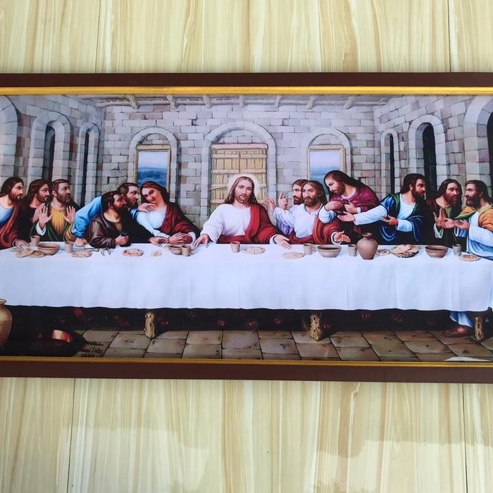 PREMIUM Hiasan dinding lukisan cetak gambar perjamuan kudus plus bingkai uk 100x50cm kristen