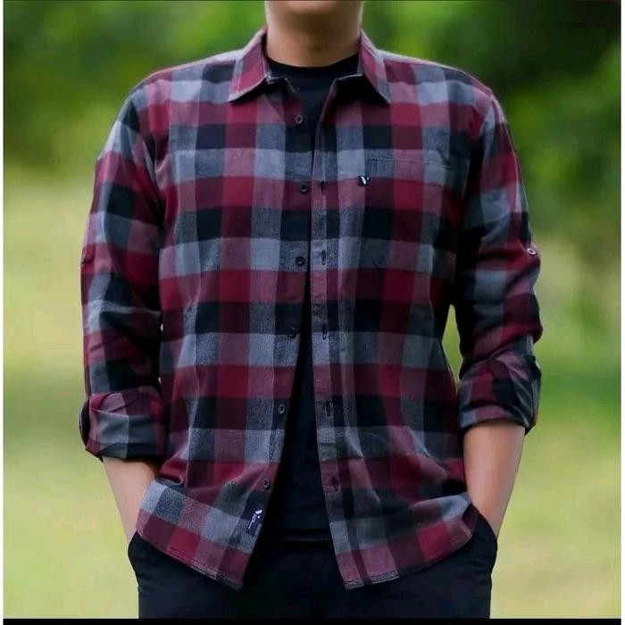 PREMIUM Kemeja Flannel Pria Lengan Panjang Jumbo Kemeja Flanel Jumbo Kotak-kotak Dimensi Merah