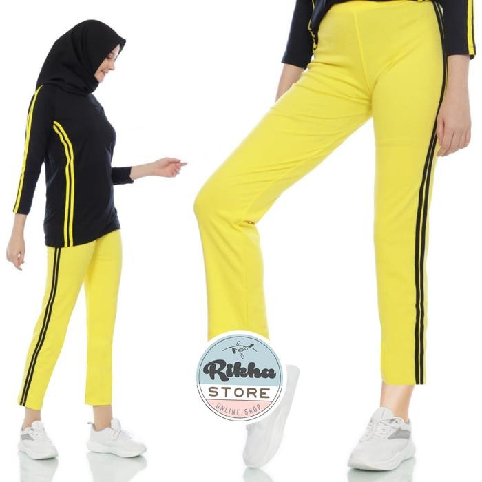 PREMIUM Celana Senam OlahRaga Wanita Training Celana Panjang Kuning List Hitam