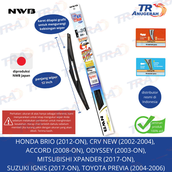 PREMIUM Wiper Belakang NWB 12 inch GRA30 (Brio, CRV, Xpander, Ignis, Previa)