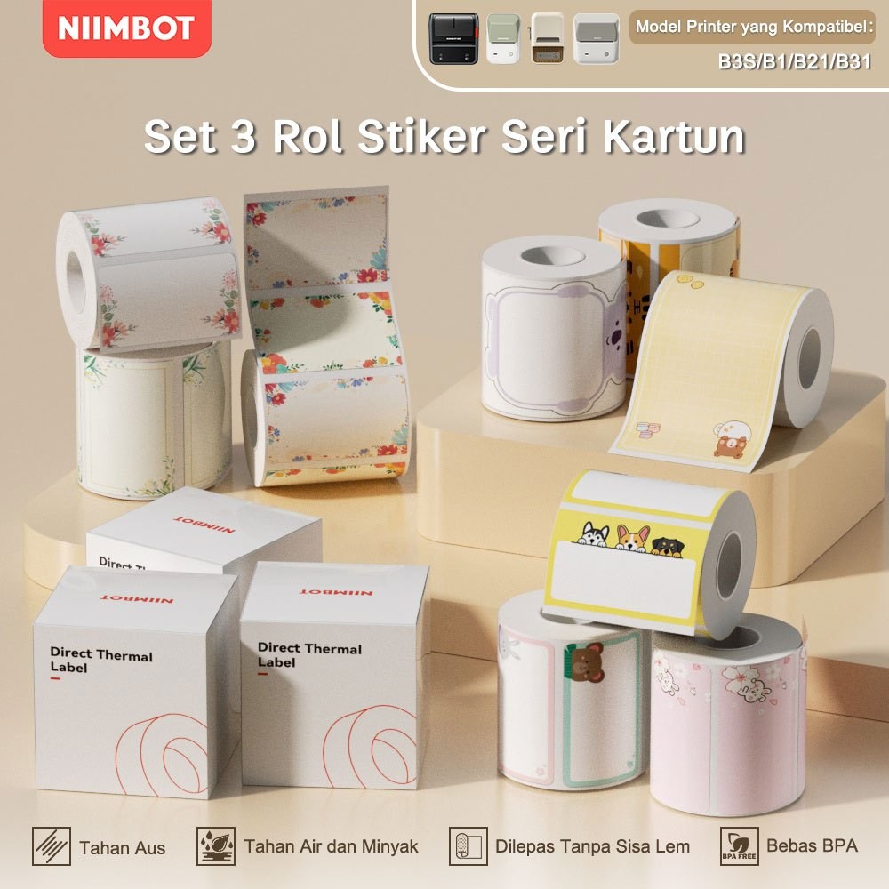 

LINDU 3 Gulungan - NIIMBOT B21/B1/B3S Stiker Nama Siswa, Label Catatan Kartun Berwarna, Stiker