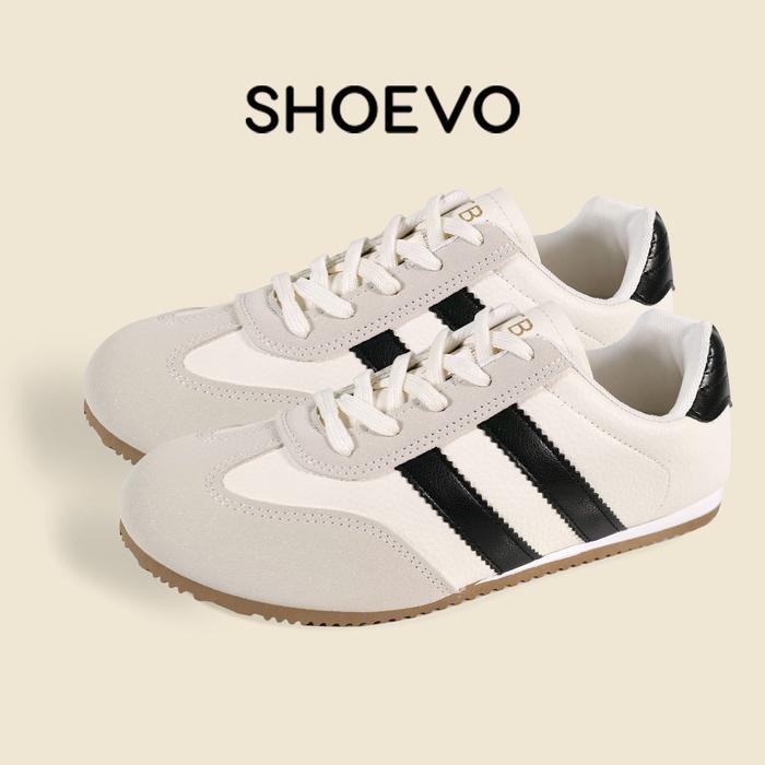BEST SELLER SHOEVO Sepatu Latihan Wanita Sol Tipis Warna Solid Kepala Bulat Dua Garis Casual Sneaker