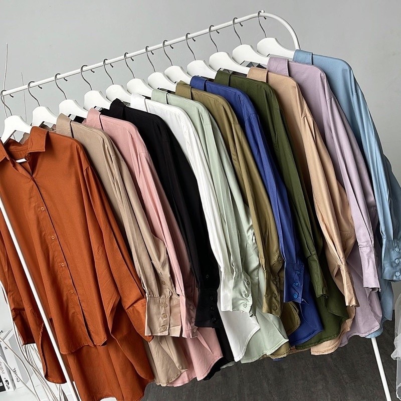 Pola Mewah Tenae Longshirt Fashion Kemeja Basic Oversized Lengan Panjang Blouse Wanita Outer Kantor