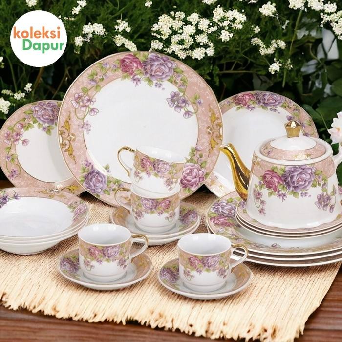 D22 Magnolia Dinner Set Vicenza Terdiri Dari Piring Besar, Sedang Dan Piring Kecil, Cangkir, Teko
