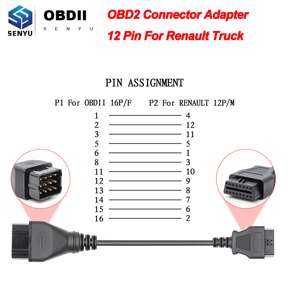 OBD2 Connector Adapter For Renault Truck 12 Pin OBD to OBD2 16Pin For Renault OBD OBD2 Diagnostic Au