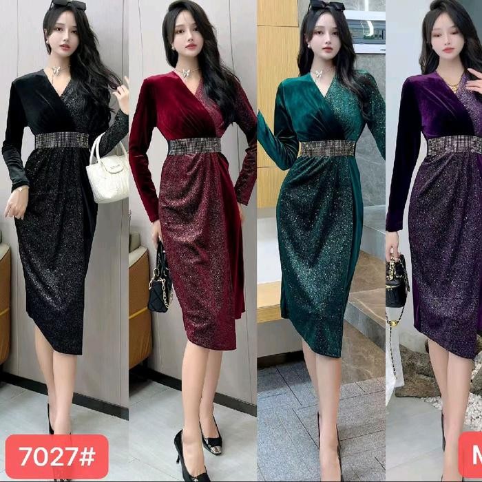 JTTOP" BERBAGAI MODEL GAUN VELVET BLUDRU ELEGAN GAUN MIDI PESTA RAMPING LENGAN PANJANG WANITA