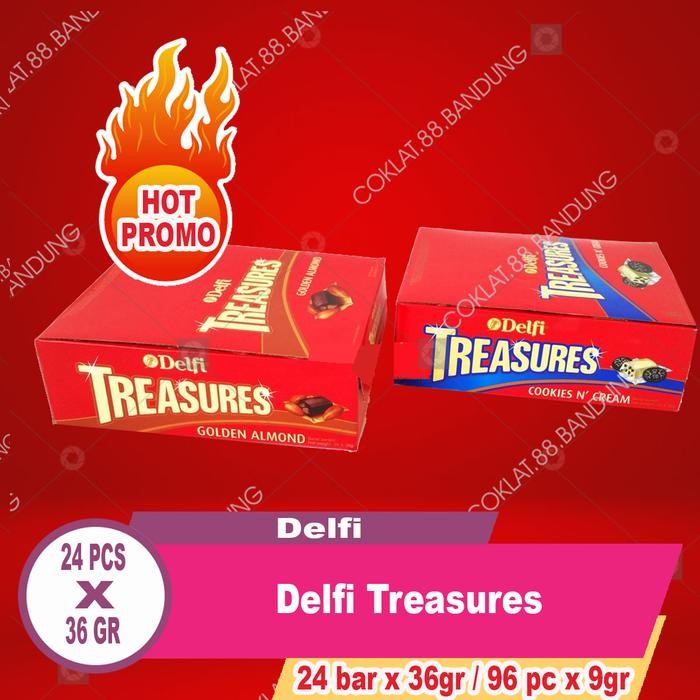 

DELFI TREASURES 1 BOX 24 BAR X 36 GRAM ALMOND, COKLAT DELFI TREASURE SATU BOX ISI 96 PCS X 9GR