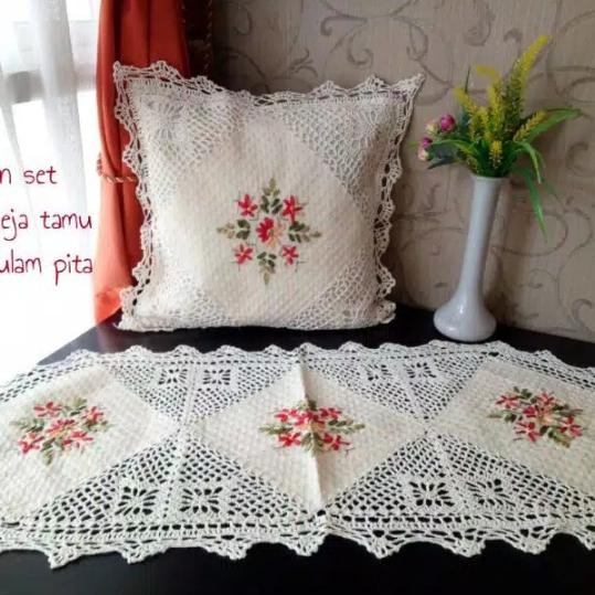 sarung bantal sofa 40x40 renda rajut Sulam pita