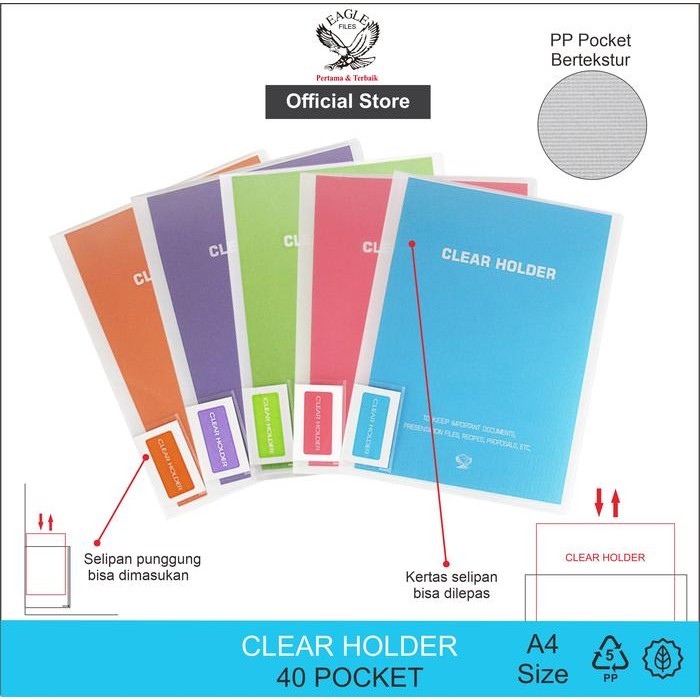 

EAGLE FILES Clear Holder Document Keeper Display Book Map Dokumen Holder Neon Colour A4 40 Pocket