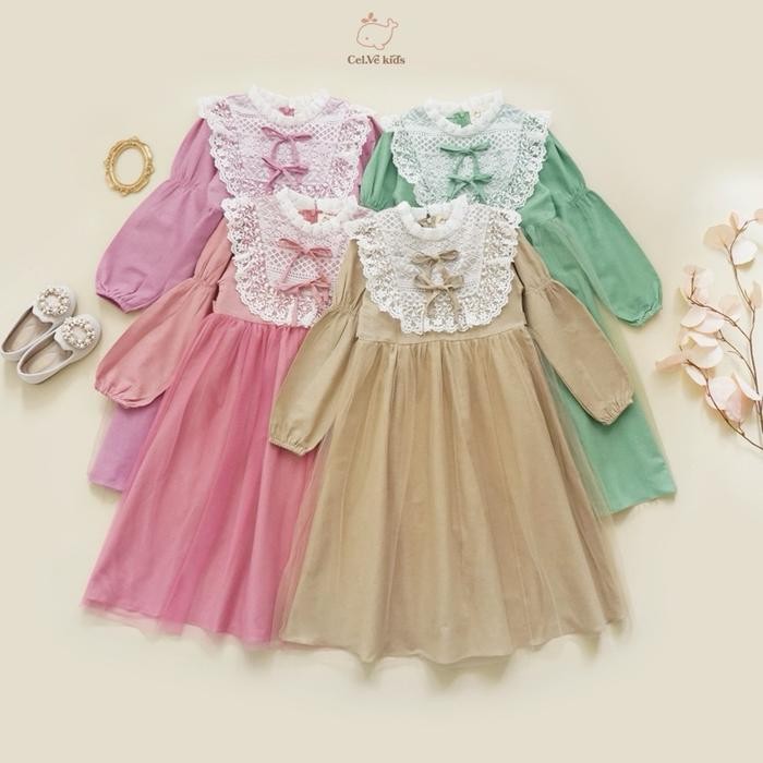 BEST SELLER CELVEkids - JIHAN Dress Gamis Raya Anak Perempuan Korean Style Bahan Linen + Tulle Usia