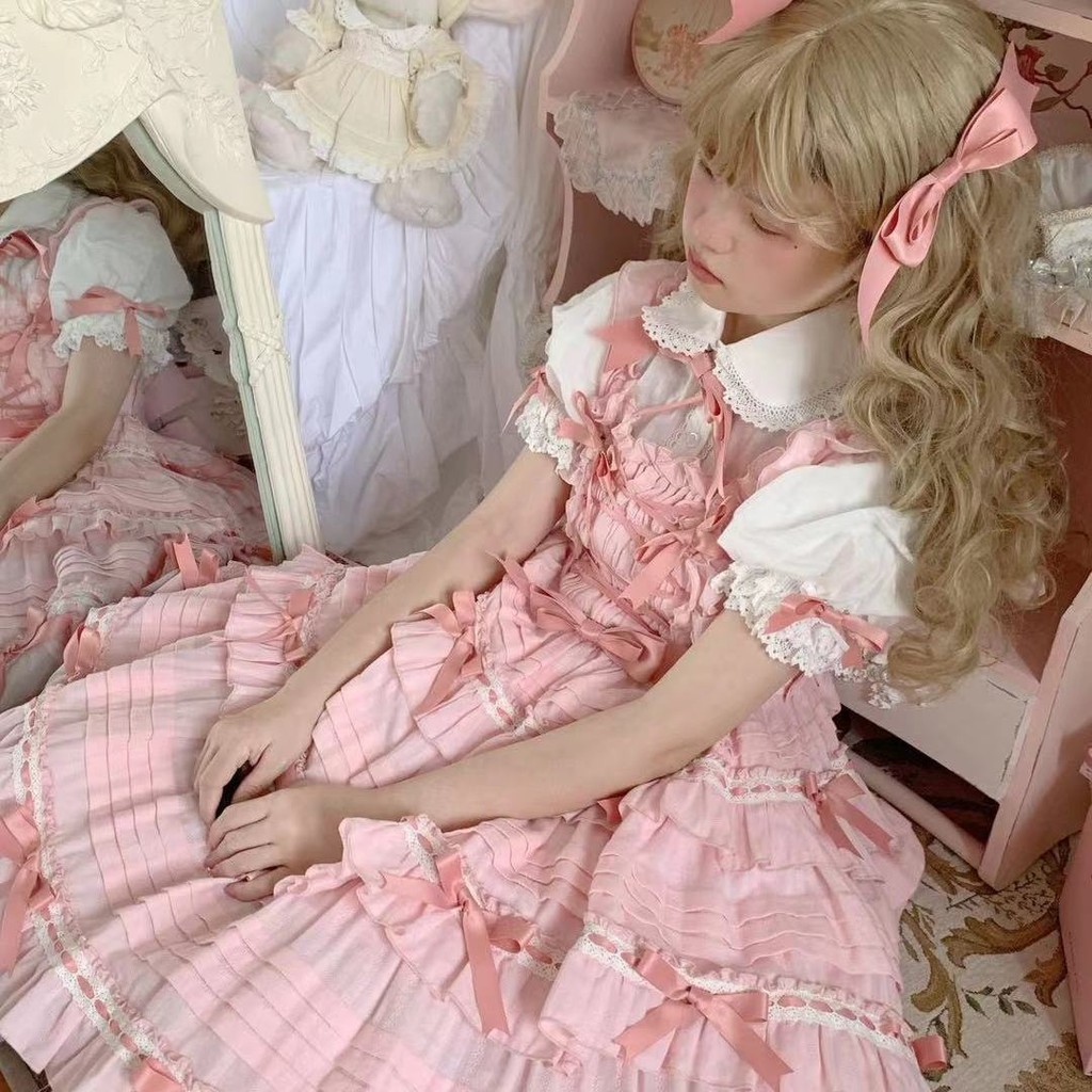 Summer Japanese Lolita Jsk Dress Sweet Lolita Straped Dresses Female Girls Tali Contrast Bow Jsk
