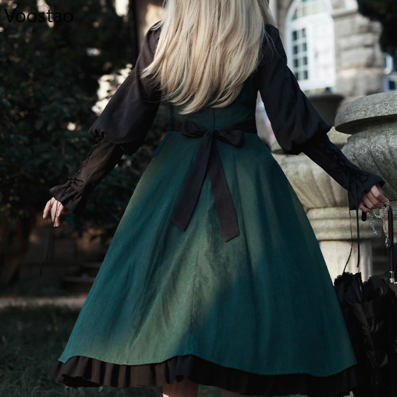 Vintage Lolita Op Dress Women Elegant Gothic Magic School Cloak Long Sleeve Party Dress 2 Piece Set