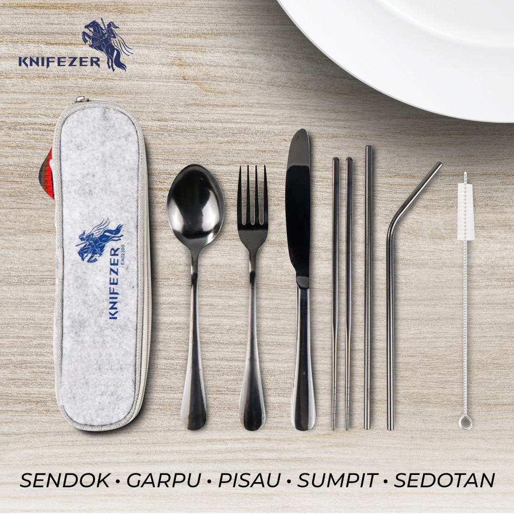 

Alat KNIFEZER Set Alat Makan Sendok Garpu Pisau Sumpit Sedotan dengan Pouch - EA02300 Potong