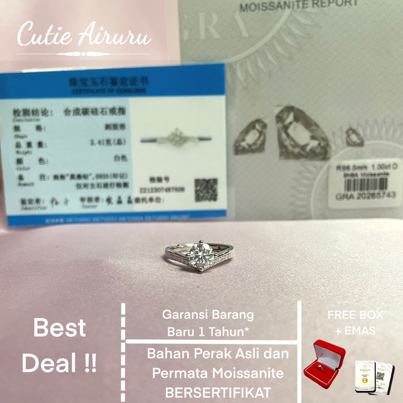 Moissanite Cincin Tunangan Wanita Perak Asli Permata 1 Karat Bersertifikat GRA Cutie Airiru Cincin
