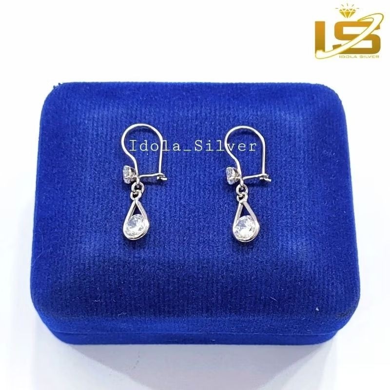 Anting perak asli silver wanita 925 Lapis Emas Putih Asli Model Tetes Air Permata Kilau - Anting