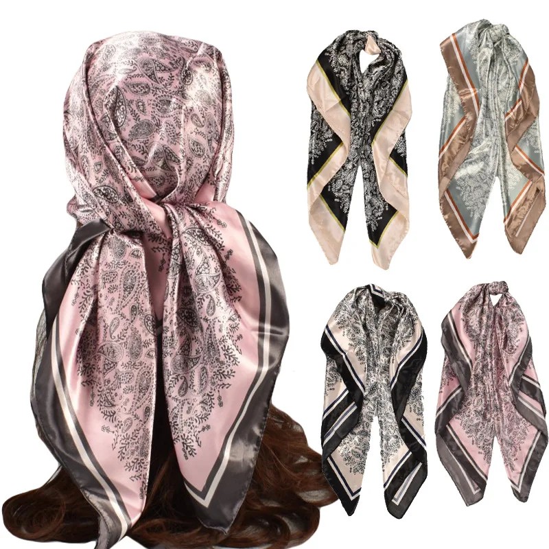 90*90cm Satin Hijab Scarf Neckerchief Female Head Wraps Small Cashew Big Square Scarf Hair Head Scar