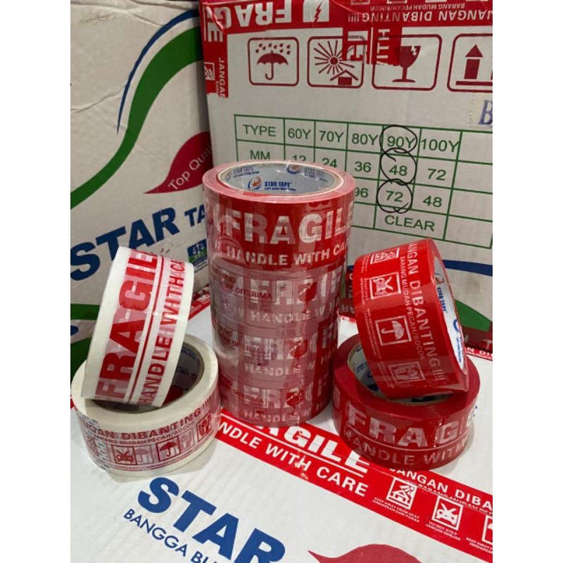

(6 PCS) LAKBAN FRAGILE MERAH, PUTIH & MERAH PUTIH 2inch (48MM x 100Y) OPP/Isolasi Fragile Video