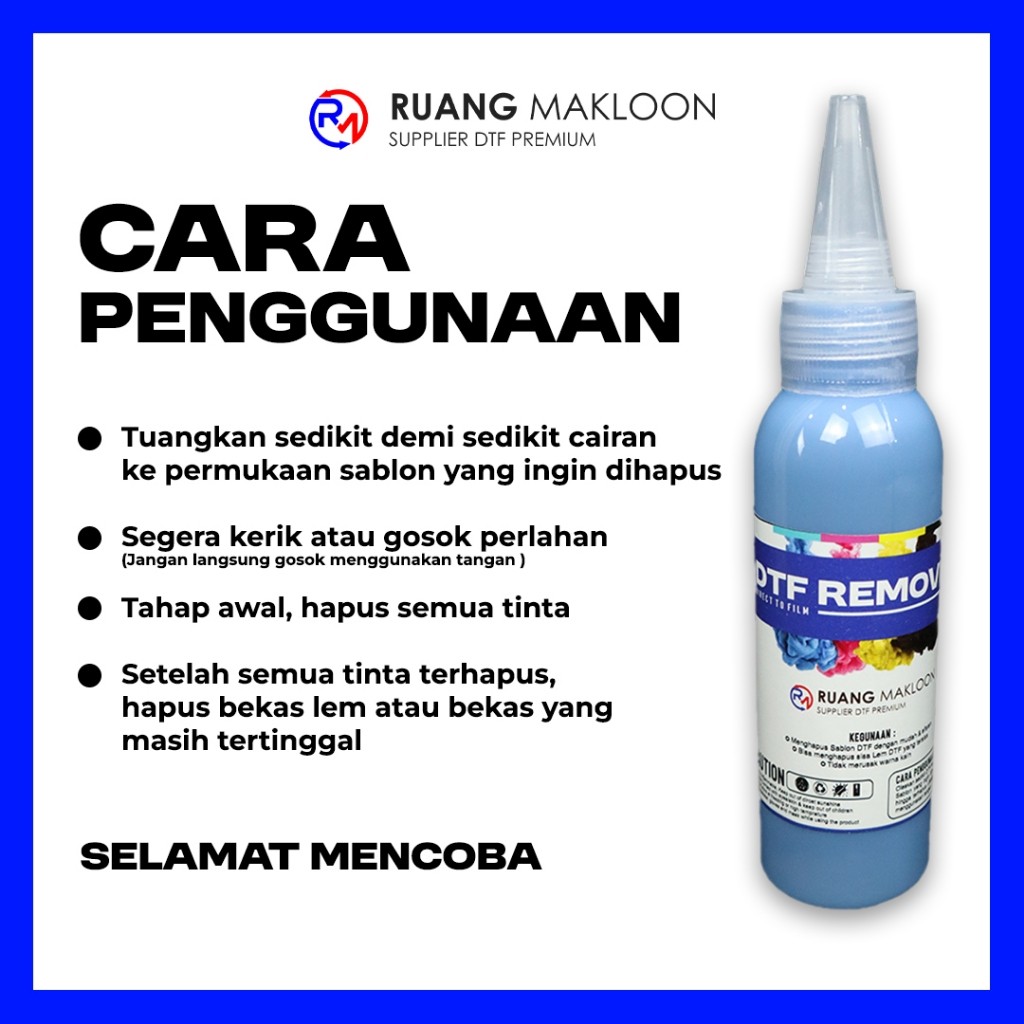 

DTF Remover Cairan Penghapus Sablon DTF Cepat dan Bersih isi 100ml