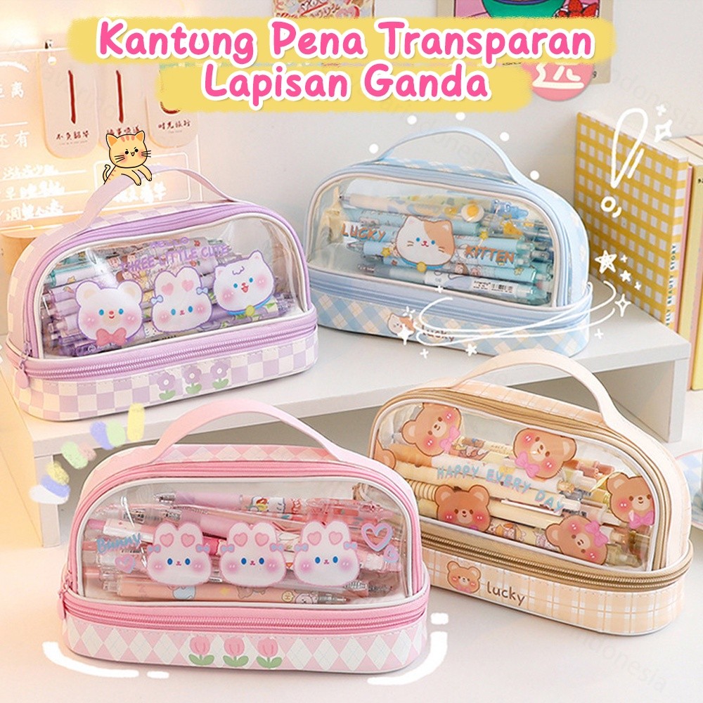 

BEVAVAR Tempat Pensil Dua Lapis Transparan Tas Pensil Motif Lucu Pencil Case Korea Kartun Pen Bag