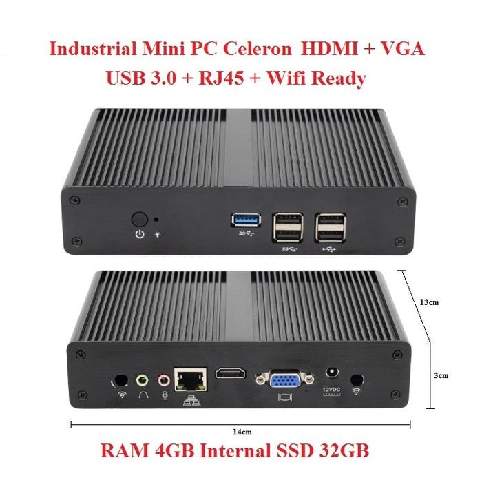 Industrial Mini PC x86 Intel Celeron 4GB SSD 32GB Wifi HDMI VGA MiniPC
