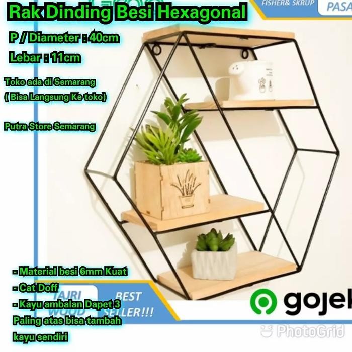 PREMIUM Rak dinding besi Hexagonal Vintage ambalan kayu 3 Rak Bunga Segi enam