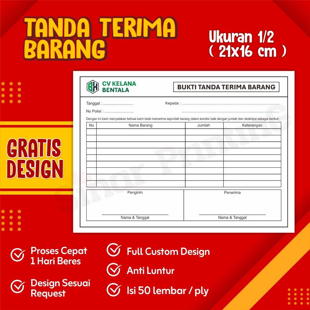 

Tanda Terima Barang Custom 1 Ply 2 Ply 3 Ply Satuan 1/2 Folio Isi 100 Dan 150 WE!!