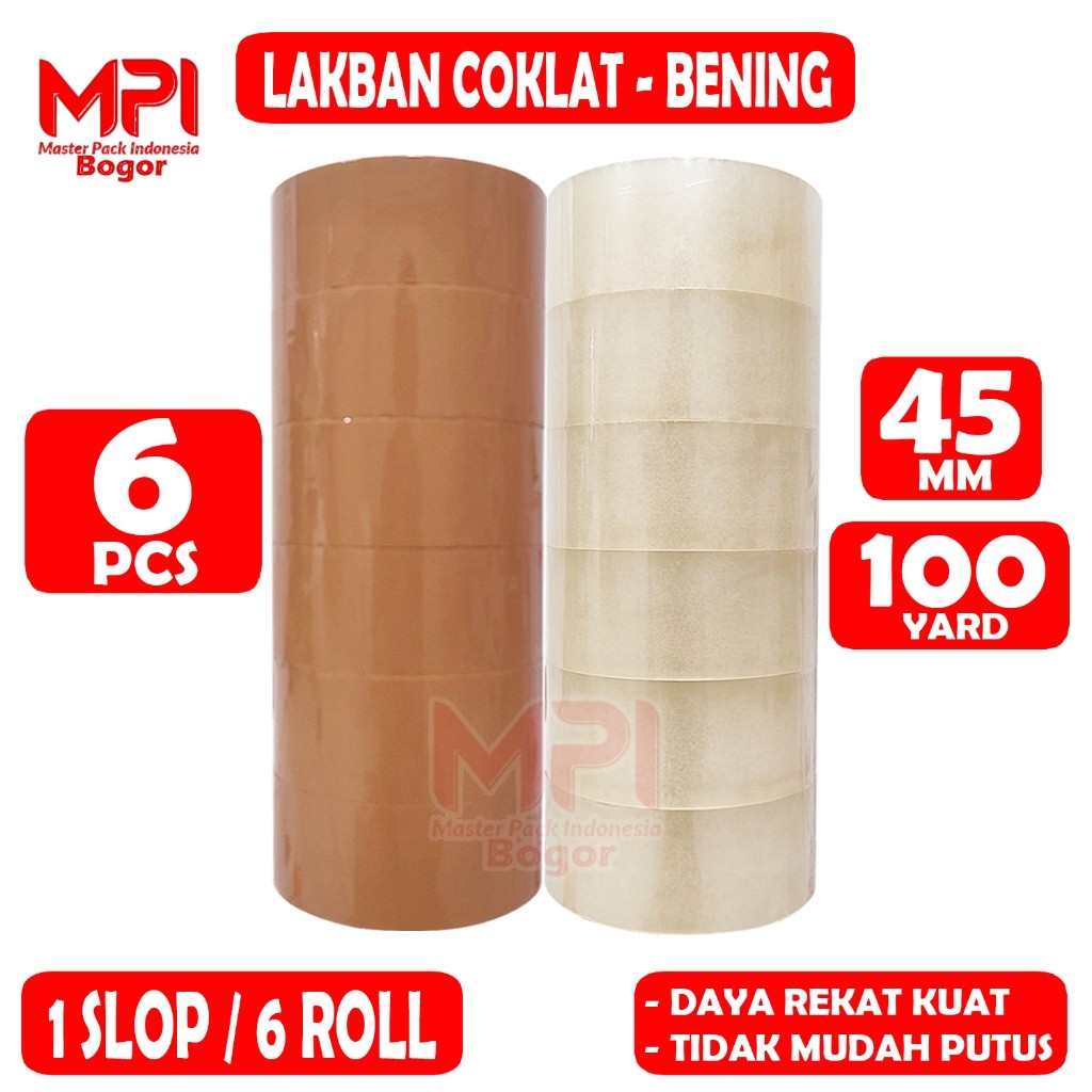 

1 SLOP ( 6 PCS ) - Lakban Coklat - Lakban Bening MPI 45 mm x 100 yard / Lakban Packing - Master Pack