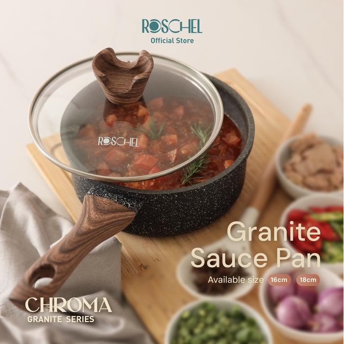 Roschel Chroma Granite Saucepan 16 Cm + Tutup Kaca Non-Stick Greblon C3 German Coating Panci Susu
