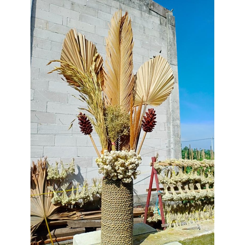 Bunga Kering+Pot Mendong/Daun Palem Kering/Bunga Kering Aesthetic Pot