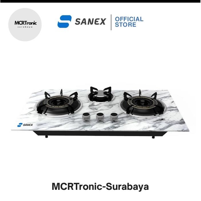 SANEX KOMPOR GAS KACA TANAM SNKT301 3 TUNGKU DESAIN MODERN TERSEDIA PILIHAN WARNA PUTIH & HITAM