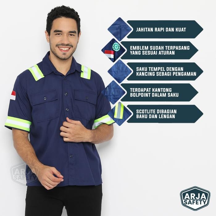 FREE LOGO SAFETY & BENDERA Kemeja Safety Lengan Pendek, Baju Proyek