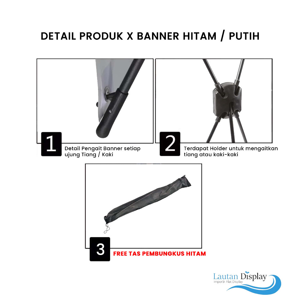 viral Tiang Standing X Banner Hitam / Putih Fiber 60x160 Cm Rangka Berdiri Baner Spanduk Cagak