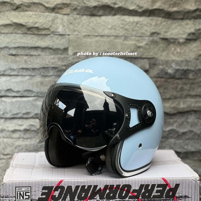 PREMIUM Helm Vespa Retro Italy Baby Blue Biru Muda + Visor Original