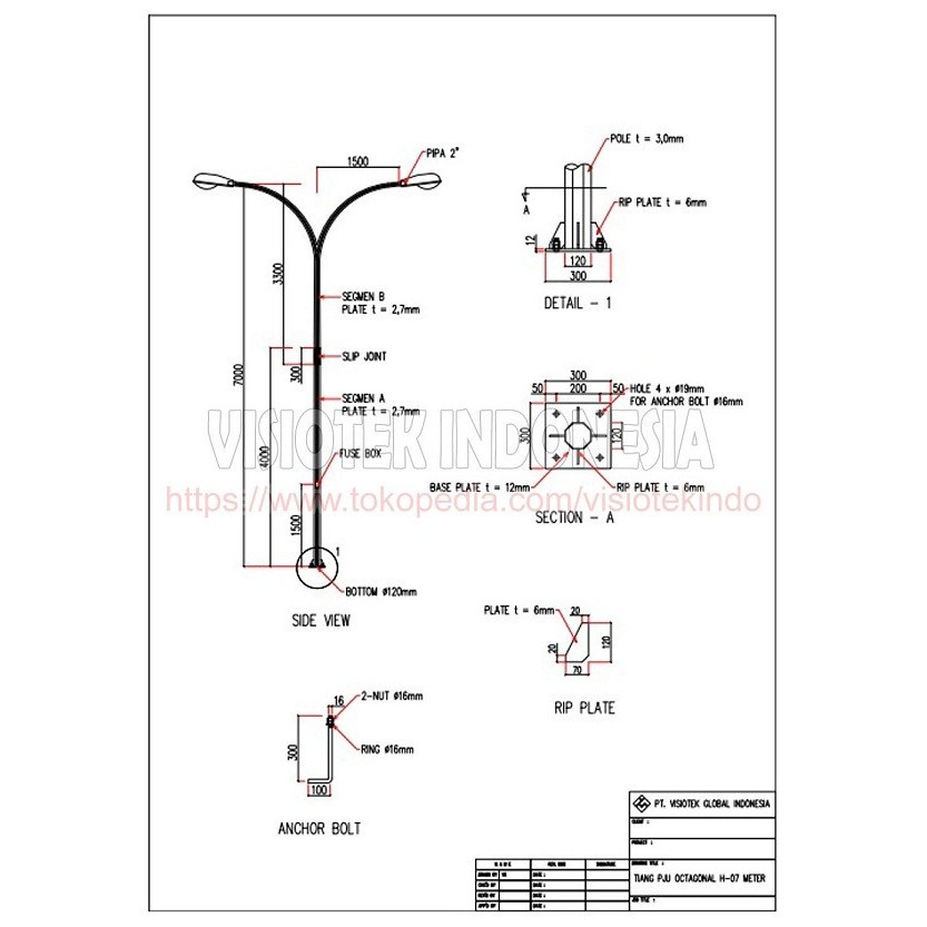 Tiang PJU Oktagonal Tiang Lampu Double Arm 7 Meter Dot Dip Galvan Best