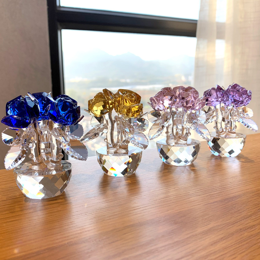 Patung Bunga Mawar Kaca Kristal 6 Warna Patung Buket Tidak Pudar Dekorasi Ornamen Mobil Rumah Hadiah