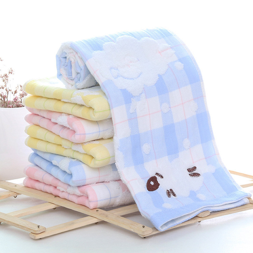 Set Handuk Kain Lapis Ganda Lembut Tebal Garis Cetak Kisi Domba Malas Kartun 100% Rambut Katun Handu