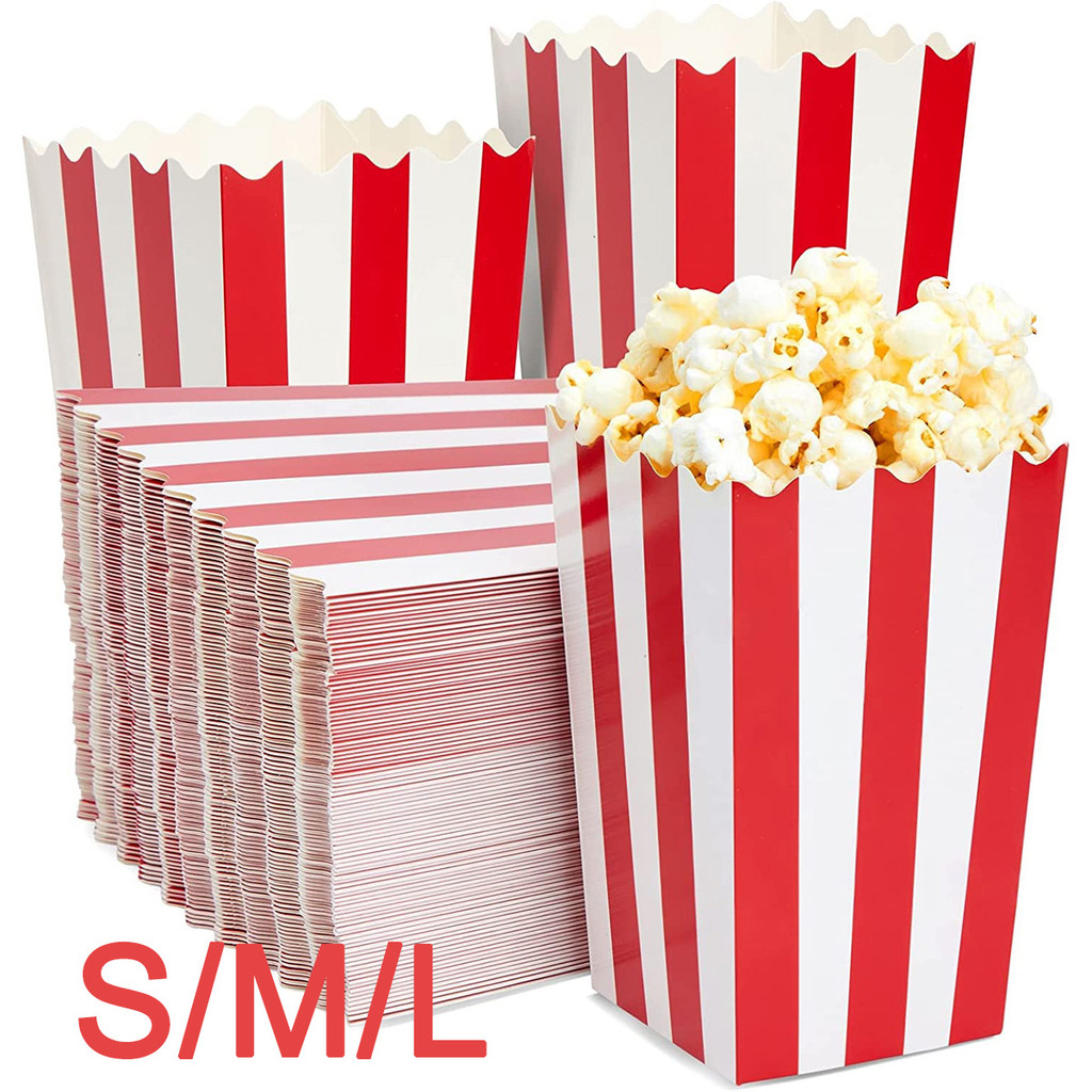 10/30/50 Buah Kotak Popcorn Tas Popcorn Bergaris Merah Putih Tempat Kecil Dekorasi Pesta Ulang Tahun