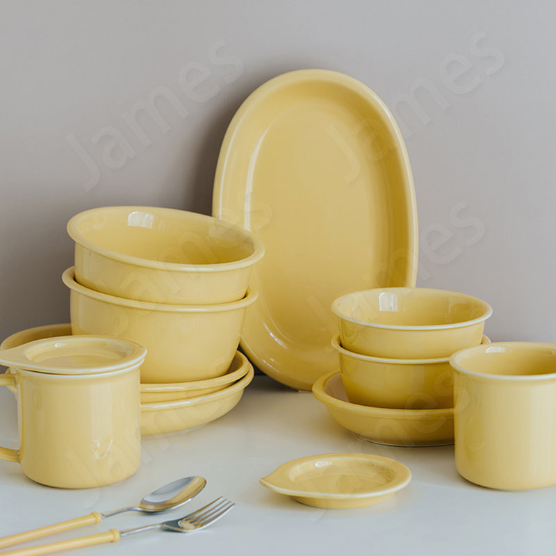 Piring Makan Keramik Nordic Piring Kuning Krim Modern Steak Pasta Roti Sandwich Piring Makanan Penut