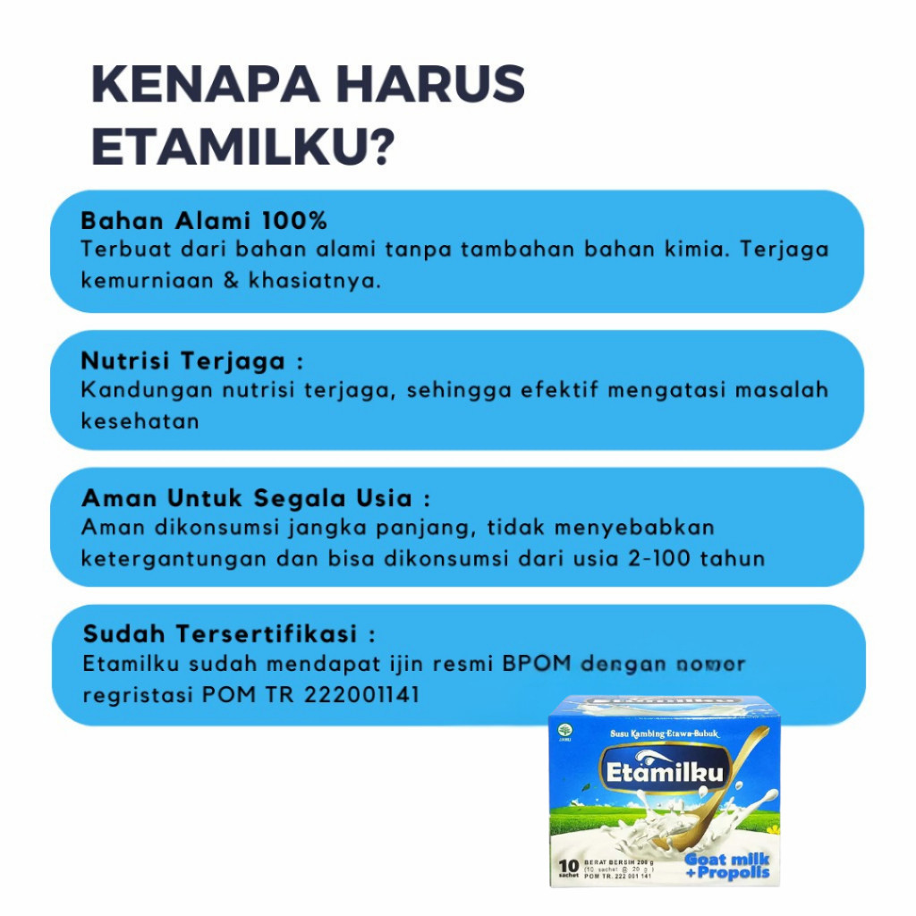 

ETAMILKU - 2 BOX Susu Kambing Etawa Bubuk Plus Propolis - Atasi Masalah Pernafasan dan Nyeri Sendi