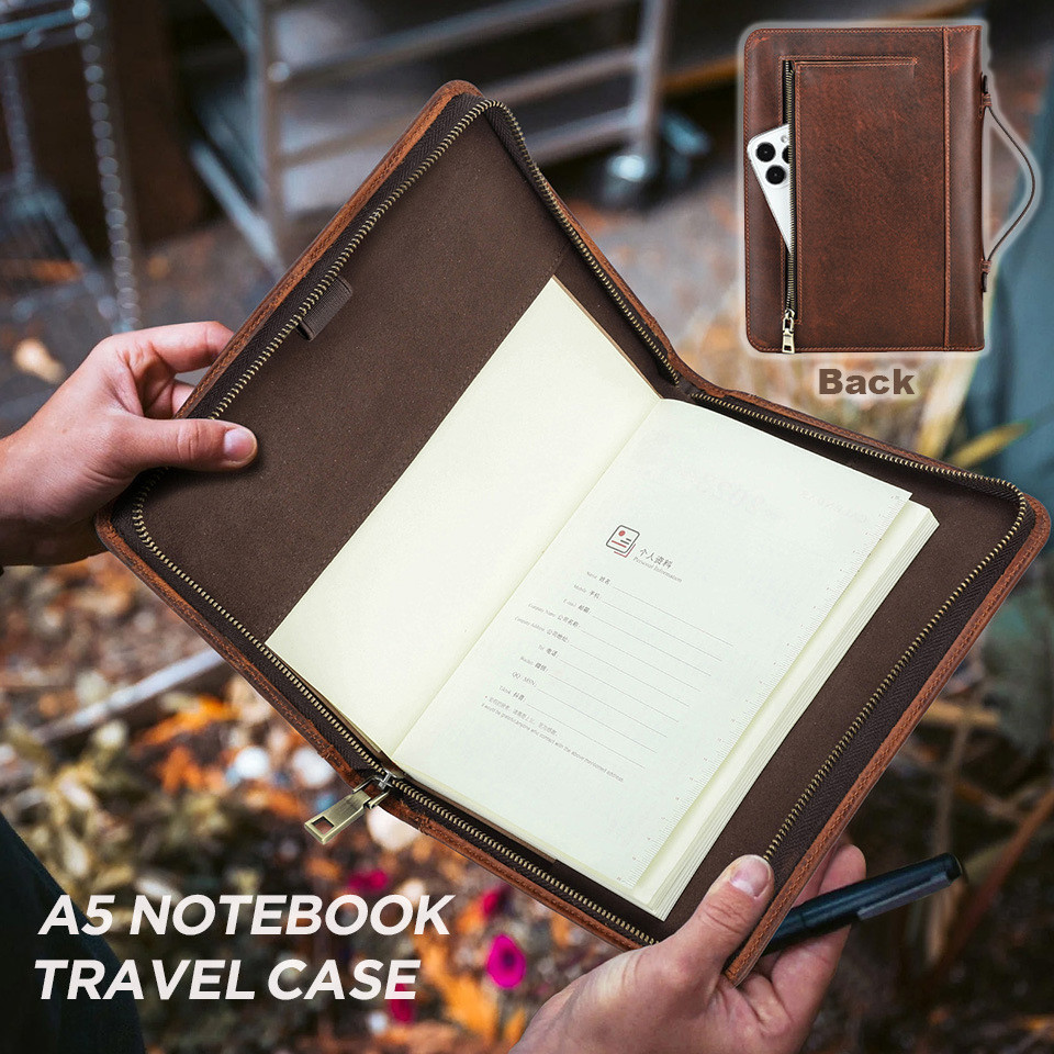 

A5 Leather Wrist Zipper Notebook Cover With Pen Slot Back Storage For Phone Journal Notebook Office