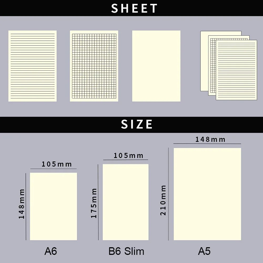 

Simplenote Inserts Diary Refills For A5/A6/B6 Slim Size Notebook Cover Grid Ruled Blank 100G Paper
