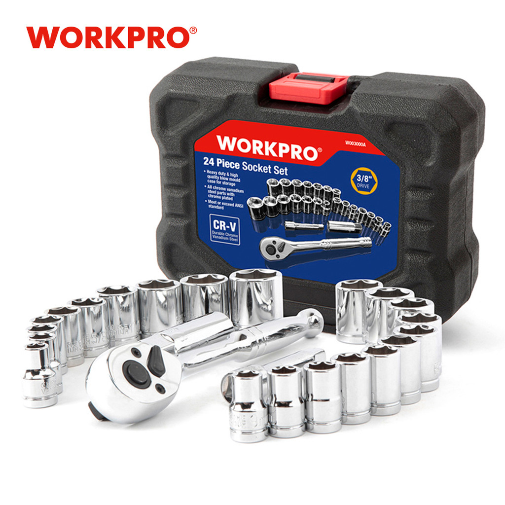 WORKPRO 24 Buah Set Alat Kunci Pas Soket Set 3/8 "Kunci Pas Ratchet Kunci Pas Soket 14-64 Buah
