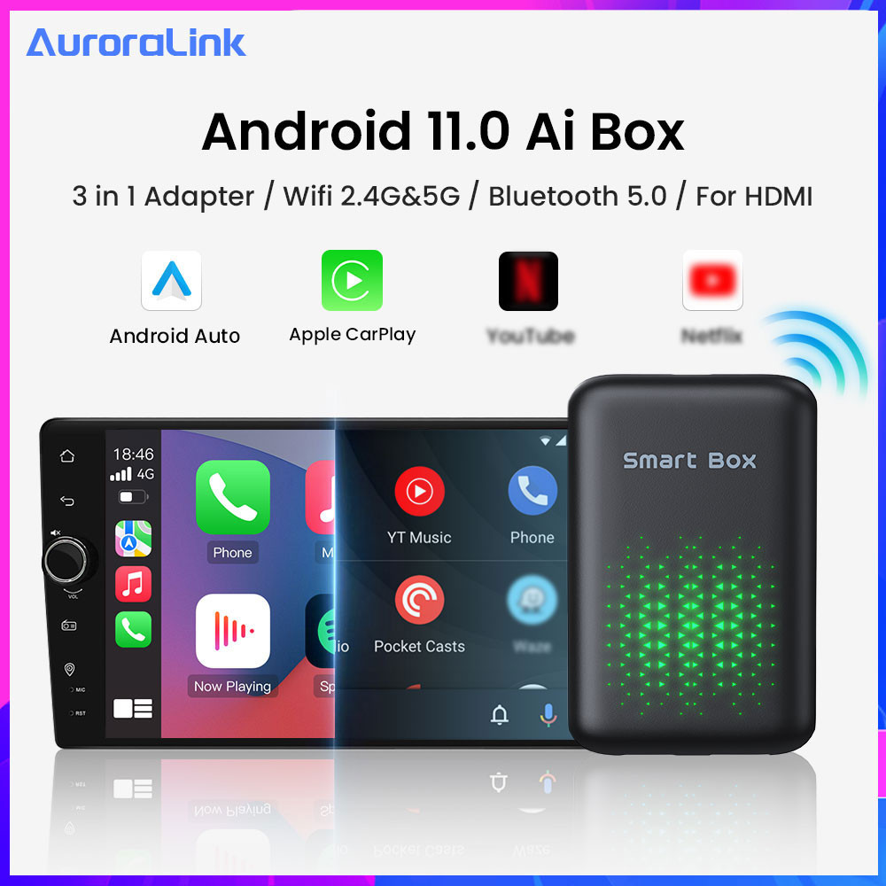 AuroraLink Android 11.0 CarPlay Ai Box Android Auto Wireless TV Box Adaptor Nirkabel untuk  Phoke Mo