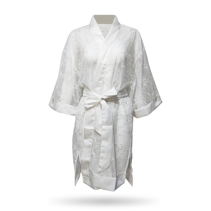 TIWIE Kimono 01006 Baju Tidur Transparan Putih bahan Satin Motif Bunga Free Size