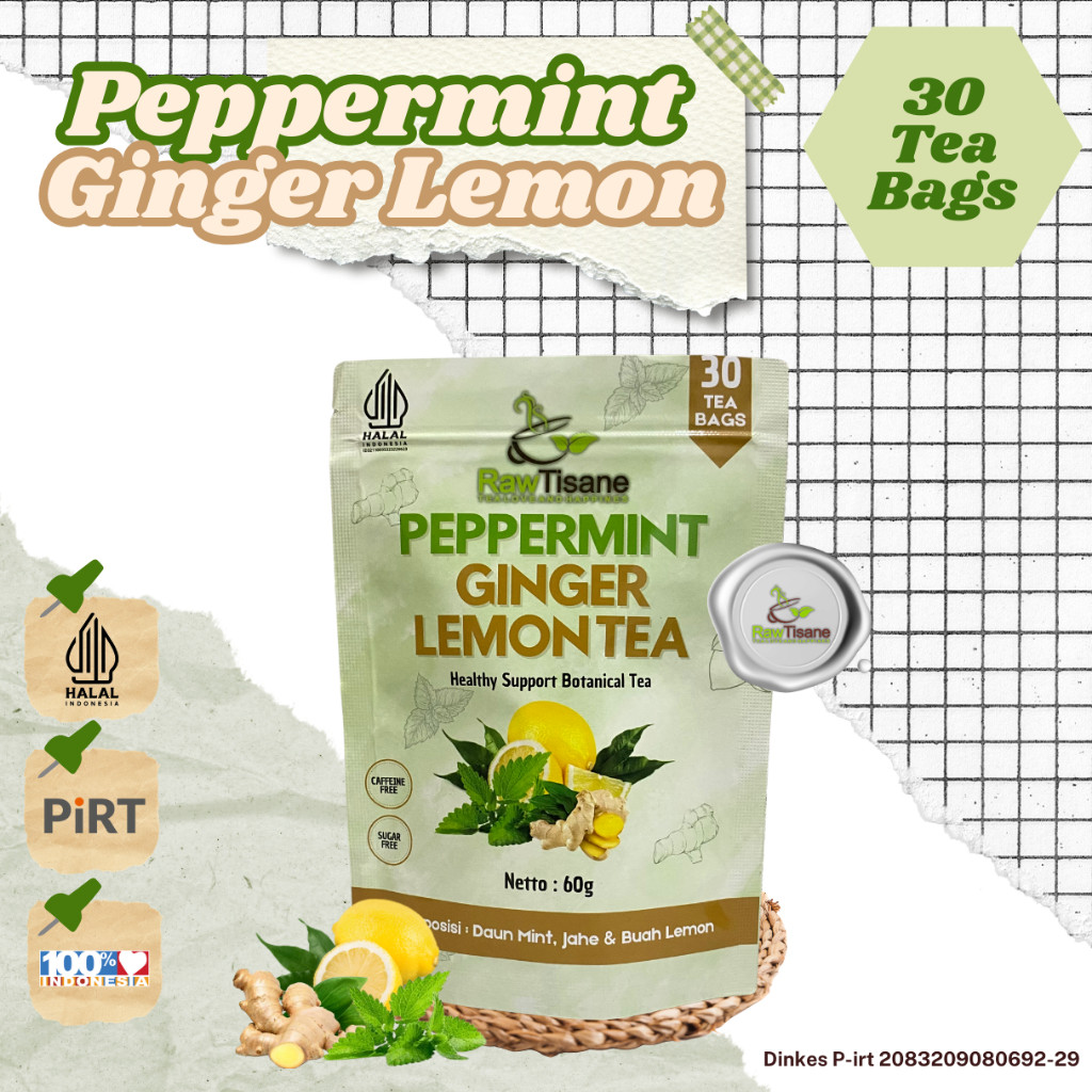 

RAW TISANE Peppermint Ginger Lemon Tea : Teh Celup Daun Mint, Jahe & Lemon Isi 30 Tea Bag